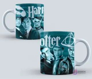 Taza con collage de personajes principales de Harry Potter, el logo de la película y el símbolo de las Reliquias de la Muerte en tonos azul verdoso