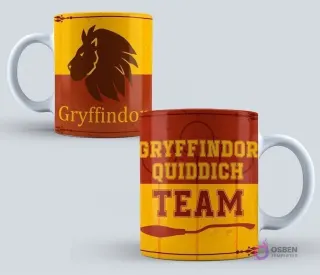 Taza de Harry Potter con el emblema del león de Gryffindor y la frase 'Gryffindor Quidditch Team' en colores rojo y amarillo