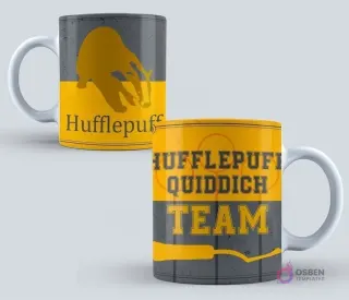 Taza de Harry Potter con el tejón de Hufflepuff y el texto 'Hufflepuff Quidditch Team' en amarillo y gris