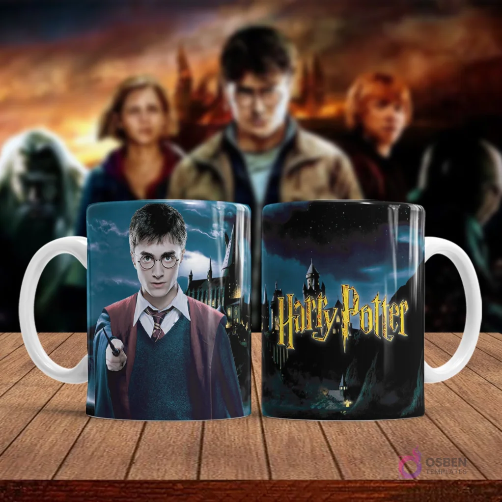 Taza sublimada con diseño de Harry Potter joven y su varita, frente al castillo de Hogwarts.