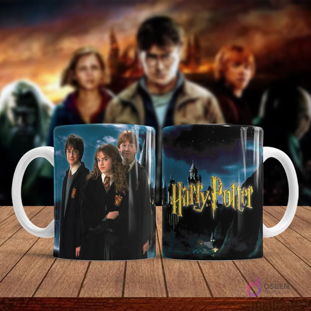 Taza sublimada con el trío dorado: Harry Potter, Hermione Granger y Ron Weasley en sus uniformes de Hogwarts.
