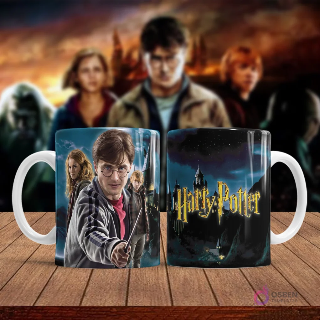 Taza sublimada con diseño de Harry Potter con varita en primer plano y sus amigos al fondo.