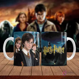 Taza sublimada con el trío de Harry Potter, Hermione y Ron en sus uniformes de Hogwarts.