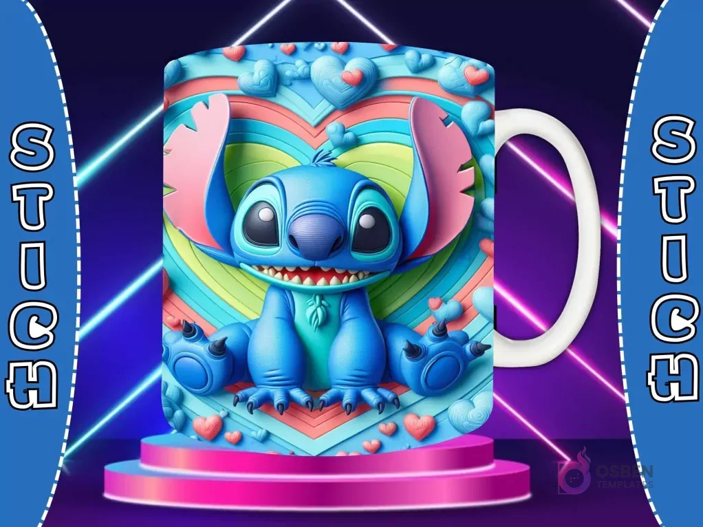 Taza sublimada con diseño 3D de Stitch feliz con fondo de corazón arcoíris y pequeños corazones.