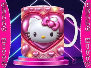 Taza sublimada con diseño 3D de Hello Kitty con lazo rosa, cabeza centrada en un corazón brillante rosa y elementos ornamentales.