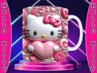 Taza sublimada con diseño 3D de Hello Kitty con lazo rosa, sosteniendo un corazón rosa, rodeada de corazones y adornos en tonos rosa y blanco.
