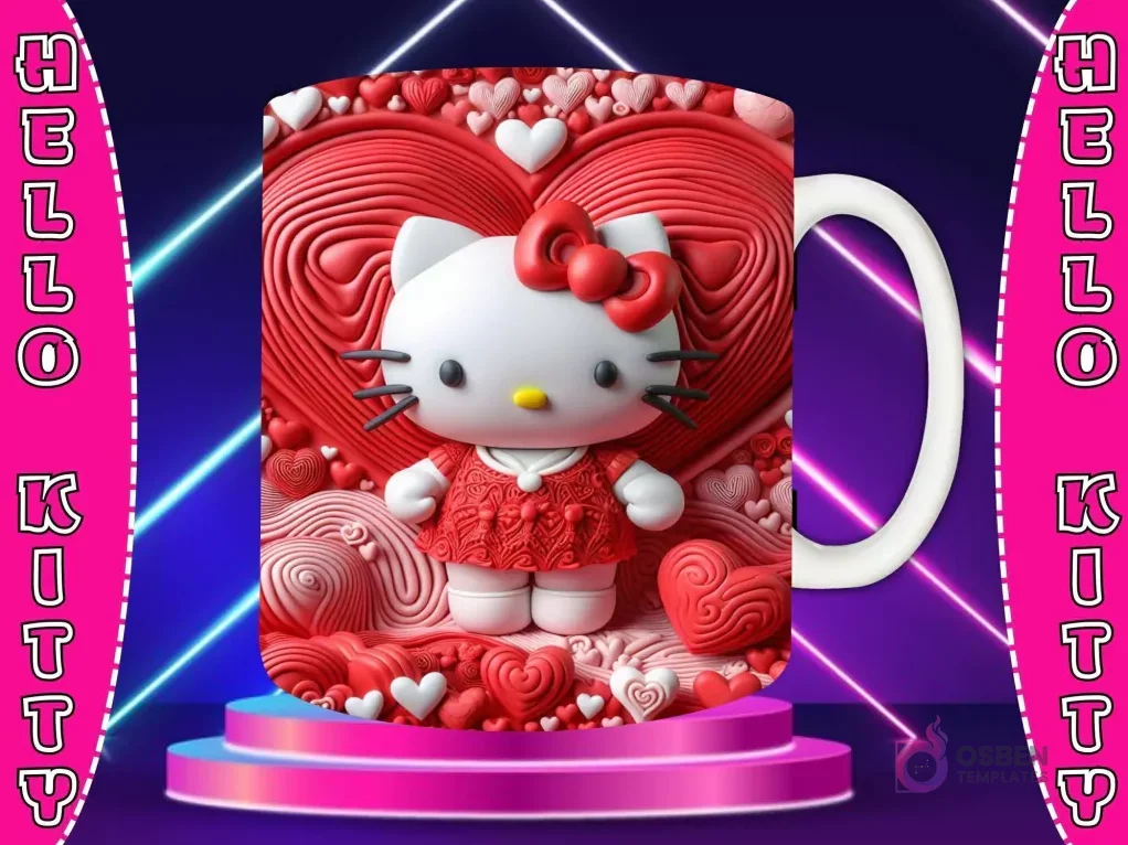 Taza sublimada con diseño 3D de Hello Kitty vestida de rojo con lazo rojo, en un campo de corazones rojos y formas curvas texturizadas.
