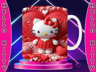 Taza sublimada con diseño 3D de Hello Kitty vestida de rojo con lazo rojo, en un campo de corazones rojos y formas curvas texturizadas.