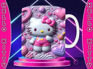 Taza sublimada con diseño 3D de Hello Kitty con lazo rosa, en enterito rosa, rodeada de corazones, estrellas y adornos 3D en tonos rosa y lila.