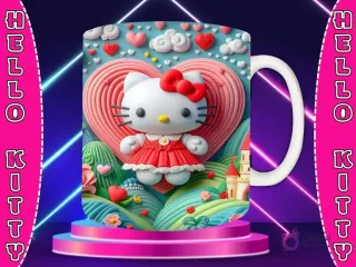 Taza sublimada con diseño 3D de Stitch feliz con un globo rojo, en un fondo de corazón con flores y pequeños corazones.