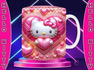 Taza sublimada con diseño 3D de Hello Kitty con lazo rosa, con jardineras, sujetando un corazón, fondo de paisaje de arcoíris y montañas.