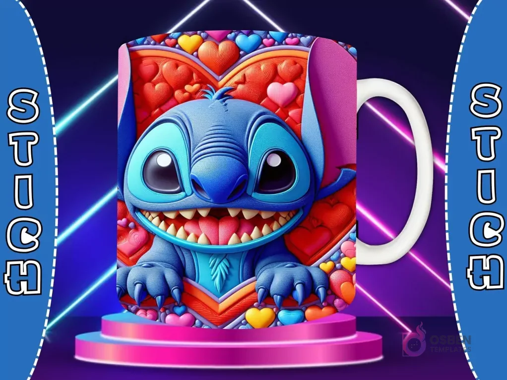 Taza sublimada con diseño 3D de Stitch sonriente, enmarcado en un corazón ornamental plateado con rosas y corazones en relieve.
