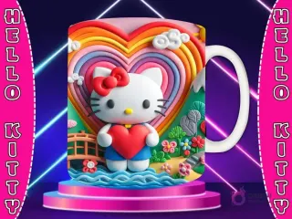 Taza sublimada con diseño 3D de Hello Kitty con lazo rosa, vestida de rosa, fondo de corazón rosa con muchos corazones y nubes texturizadas.