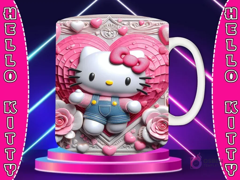 Taza sublimada con diseño 3D de Hello Kitty con lazo rojo, vestida de rojo, en un paisaje de colinas con un gran corazón rojo de líneas curvadas.