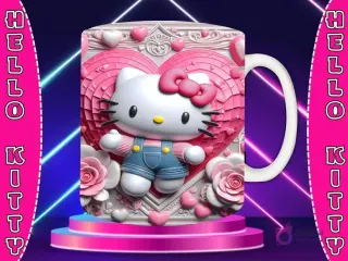 Taza sublimada con diseño 3D de Hello Kitty con lazo rojo, vestida de rojo, en un paisaje de colinas con un gran corazón rojo de líneas curvadas.
