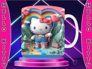 Taza sublimada con diseño 3D de Hello Kitty con lazo rosa, vestida de rosa, sobre fondo de corazón rosa con encaje y flores en relieve.