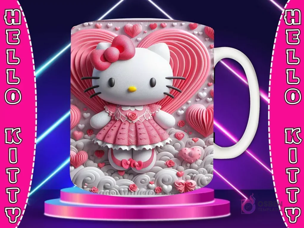Taza sublimada con diseño 3D de Hello Kitty con lazo rosa, vestida de rosa, sobre fondo de corazón rosa con un río y flores en 3D.