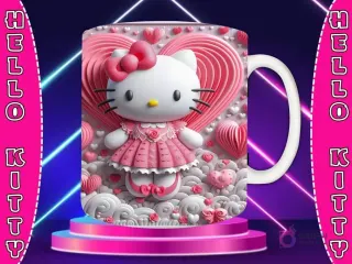 Taza sublimada con diseño 3D de Hello Kitty con lazo rosa, vestida de rosa, sobre fondo de corazón rosa con un río y flores en 3D.