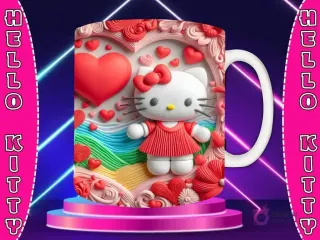 Taza sublimada con diseño 3D de Hello Kitty con lazo rojo, en un bote con un corazón, fondo de arcoíris y mar con nubes y flores.