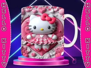 Taza sublimada con diseño 3D de Hello Kitty con lazo rosa, en enterito rosa, sobre fondo de corazón rosa con textura de diamantes y brillos.