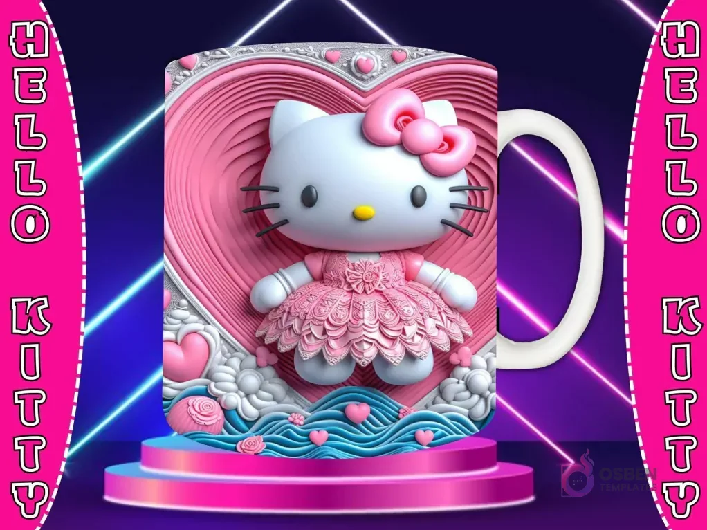 Taza sublimada con diseño 3D de Hello Kitty con lazo rojo, sosteniendo un corazón rojo, fondo de paisaje con arcoíris, nubes y montañas.