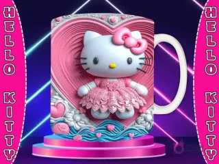 Taza sublimada con diseño 3D de Hello Kitty con lazo rojo, sosteniendo un corazón rojo, fondo de paisaje con arcoíris, nubes y montañas.