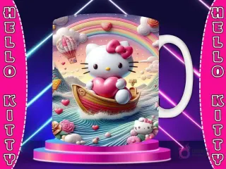 Taza sublimada con diseño 3D de Hello Kitty con lazo rojo, vestida de rojo, en un paisaje de río con un gran corazón de hilos rojos entrelazados.
