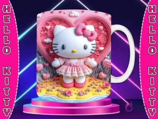Taza sublimada con diseño 3D de Hello Kitty con lazo rosa, vestida de rosa, en un paisaje primaveral con un gran corazón rosa texturizado.