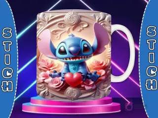 Taza sublimada con diseño 3D de Stitch feliz con un globo rojo, en un fondo de corazón con flores y pequeños corazones.
