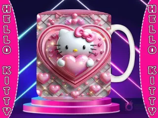 Taza sublimada con diseño 3D de Hello Kitty con lazo rosa, cabeza centrada en un corazón brillante rosa y elementos ornamentales.