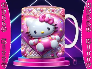 Taza sublimada con diseño 3D de Hello Kitty con lazo rosa, sosteniendo un corazón rosa, rodeada de corazones y adornos en tonos rosa y blanco.