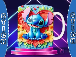 Taza sublimada con diseño 3D de Stitch sonriente, enmarcado en un corazón ornamental plateado con rosas y corazones en relieve.