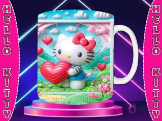Taza sublimada con diseño 3D de Hello Kitty vestida de rojo con lazo rojo, en un campo de corazones rojos y formas curvas texturizadas.