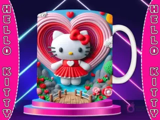 Taza sublimada con diseño 3D de Hello Kitty con lazo rosa, en enterito rosa, rodeada de corazones, estrellas y adornos 3D en tonos rosa y lila.