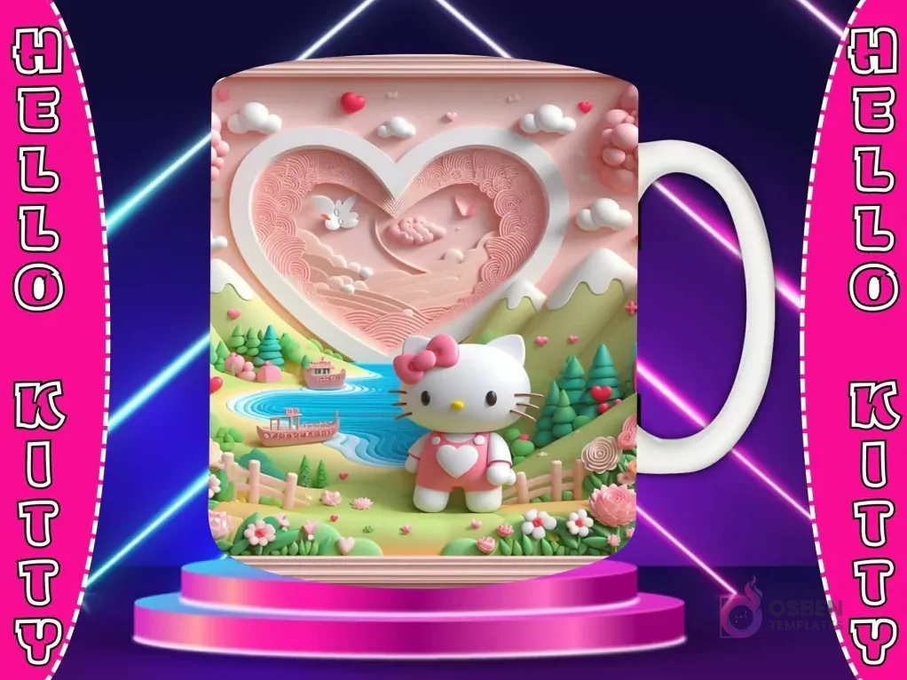 Taza sublimada con diseño 3D de Hello Kitty con lazo rojo, vestida de rojo, con un gran corazón de hilos rojos y un paisaje verde campestre.