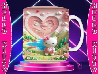 Taza sublimada con diseño 3D de Hello Kitty con lazo rojo, vestida de rojo, con un gran corazón de hilos rojos y un paisaje verde campestre.