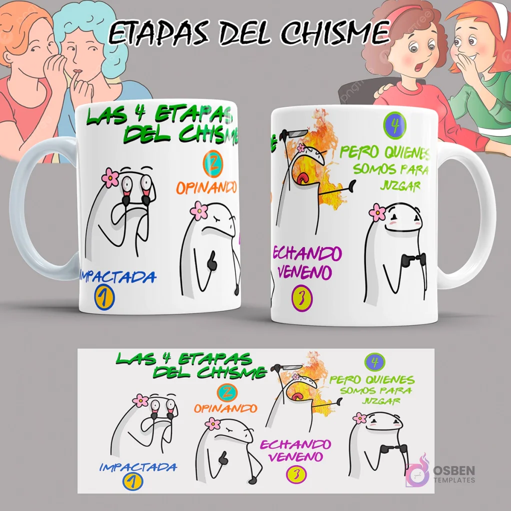 Maqueta de taza Flork 'Etapas del Chisme' con fondo de diseño blanco, mostrando las cuatro expresiones de Flork y el diseño de la tira inferior.