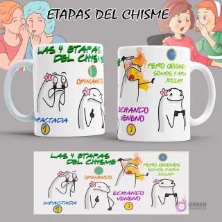 Maqueta de taza Flork 'Etapas del Chisme' con fondo de diseño blanco, mostrando las cuatro expresiones de Flork y el diseño de la tira inferior.