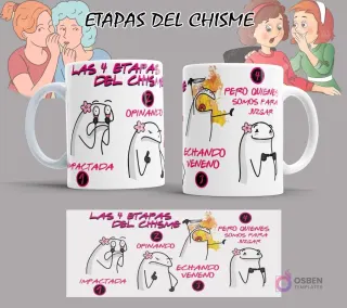 Maqueta de taza Flork con el diseño 'Etapas del Chisme' en un vibrante fondo rosa, ideal para personalizar tus productos sublimados.