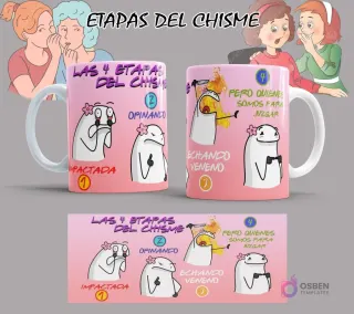 Diseño de sublimación de Flork 'Las 4 Etapas del Chisme' sobre una taza con fondo azul, mostrando los memes de "Impactada" y "Echando Veneno".