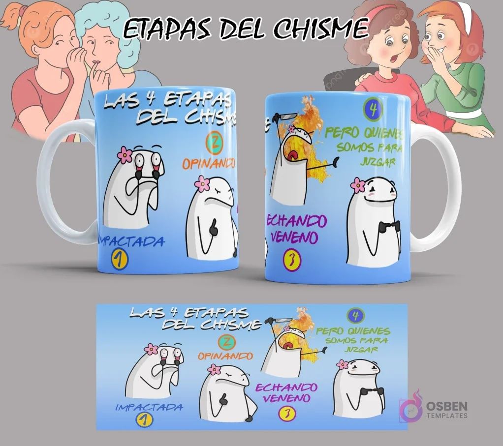 Conjunto completo de diseños de Flork 'Etapas del Chisme' exhibidos en una taza mockup con fondo blanco, resaltando cada fase del meme.