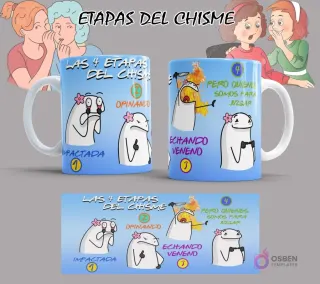 Conjunto completo de diseños de Flork 'Etapas del Chisme' exhibidos en una taza mockup con fondo blanco, resaltando cada fase del meme.