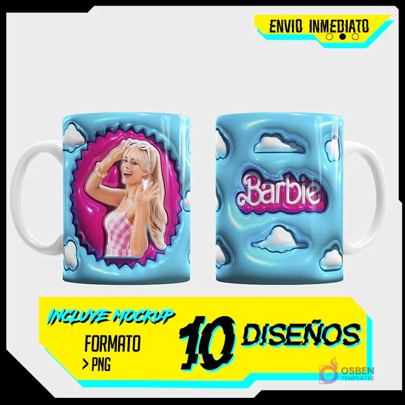 Taza sublimada con Barbie en marco burbuja rosa con nubes 3D azules, y reverso con el logo 'Barbie' en 3D