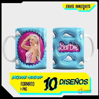 Taza sublimada con Barbie en marco burbuja rosa con nubes 3D azules, y reverso con el logo 'Barbie' en 3D