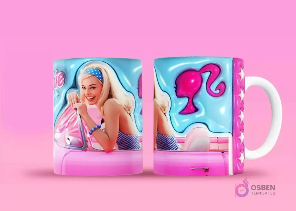 Taza sublimada con Barbie conduciendo un coche rosa, levantando el pulgar, y reverso con silueta de Barbie y coche