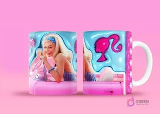 Taza sublimada con Barbie conduciendo un coche rosa, levantando el pulgar, y reverso con silueta de Barbie y coche