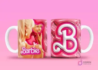 Taza sublimada con Barbie mirándose en un espejo de corazón, guiñando, y reverso con una 'B' grande en 3D