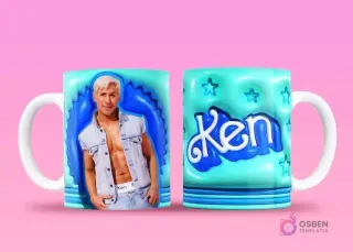 Taza sublimada con Ken en chaleco de jean en marco burbuja, y reverso con el logo 'Ken' en 3D