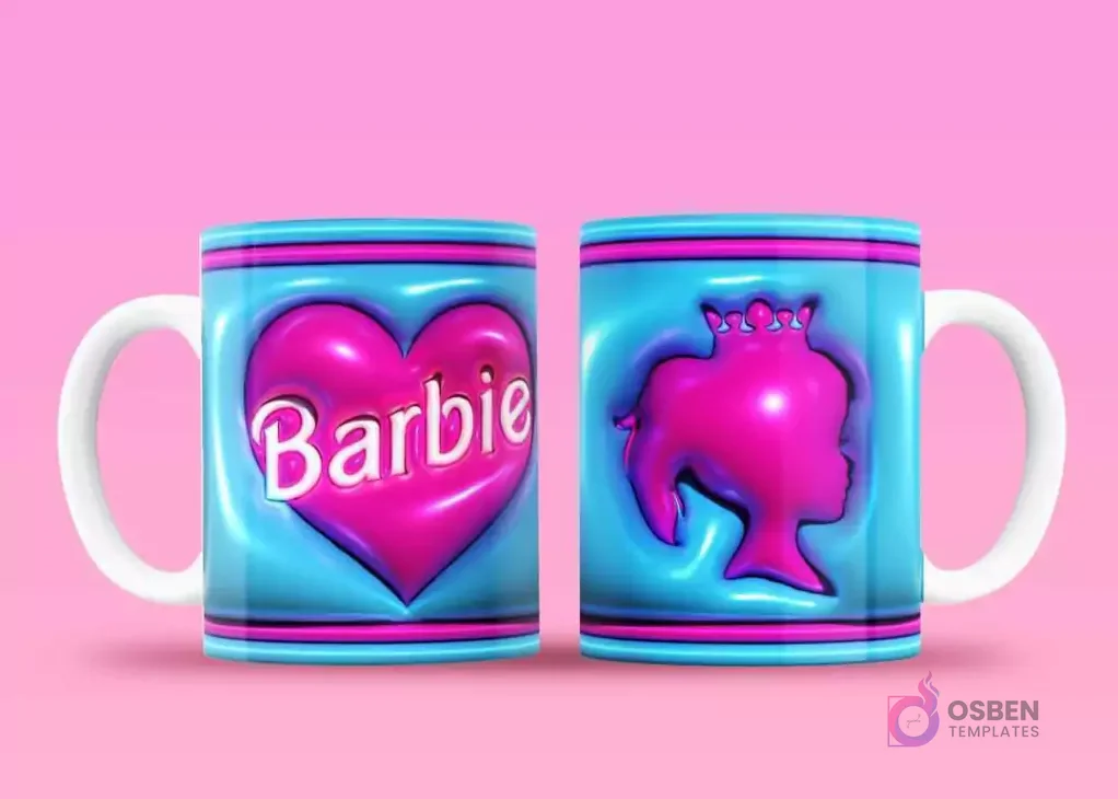 Taza sublimada con corazón rosa 3D y 'Barbie', y reverso con la silueta de perfil de Barbie con corona
