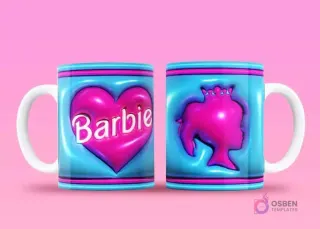 Taza sublimada con corazón rosa 3D y 'Barbie', y reverso con la silueta de perfil de Barbie con corona